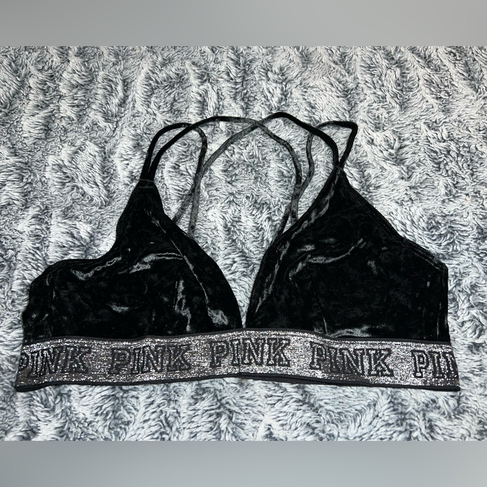 Victoria’s Secret Pink Collection Vintage Black Velvet Strappy Bralette L Blingy